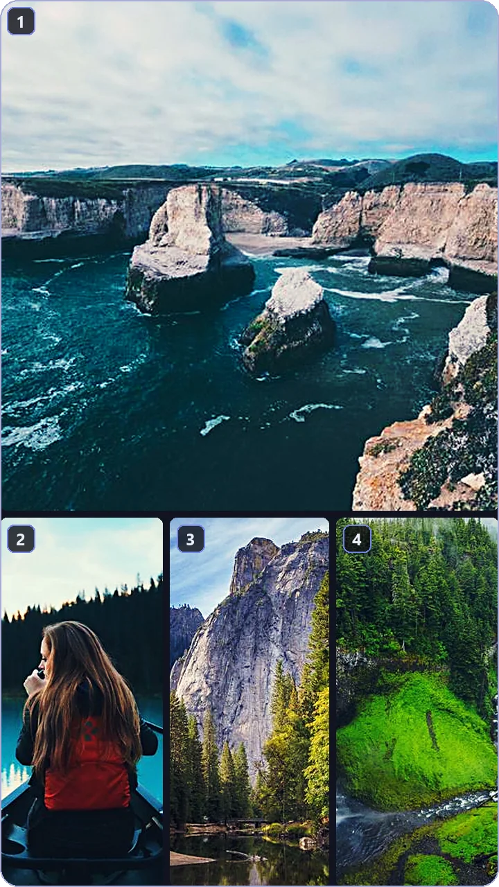 1 large + 3 preset — the main angle on top, three panels below