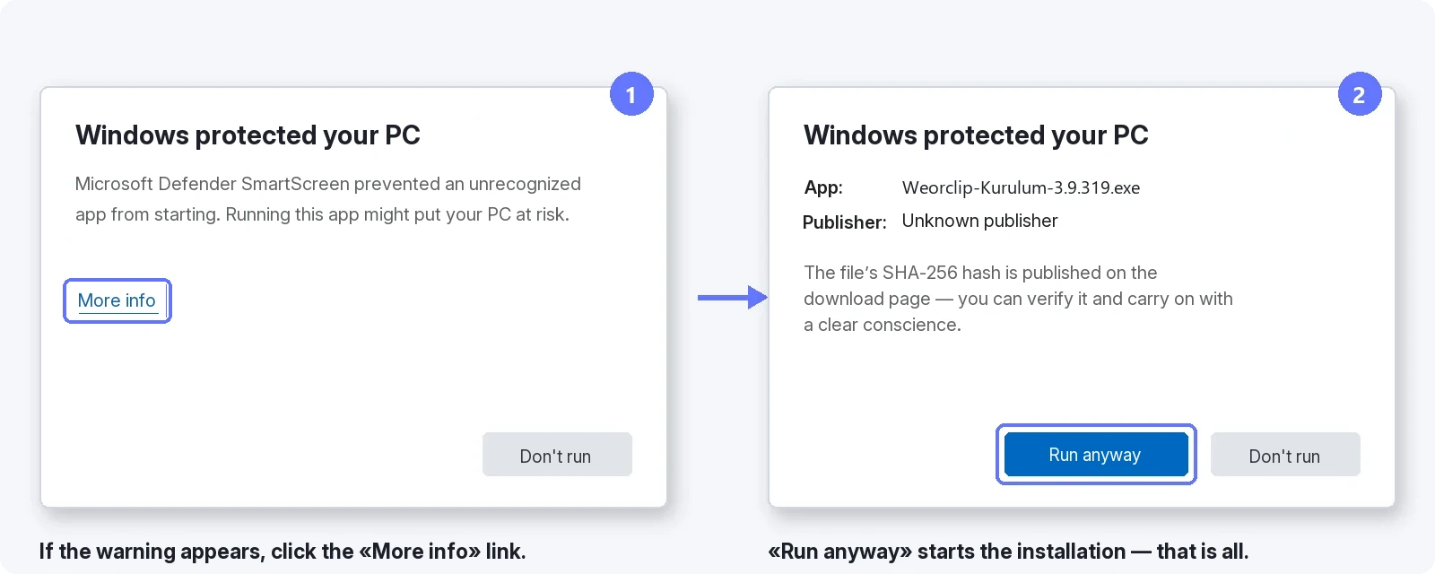 Getting past the SmartScreen warning — 1: click More info, 2: press Run anyway