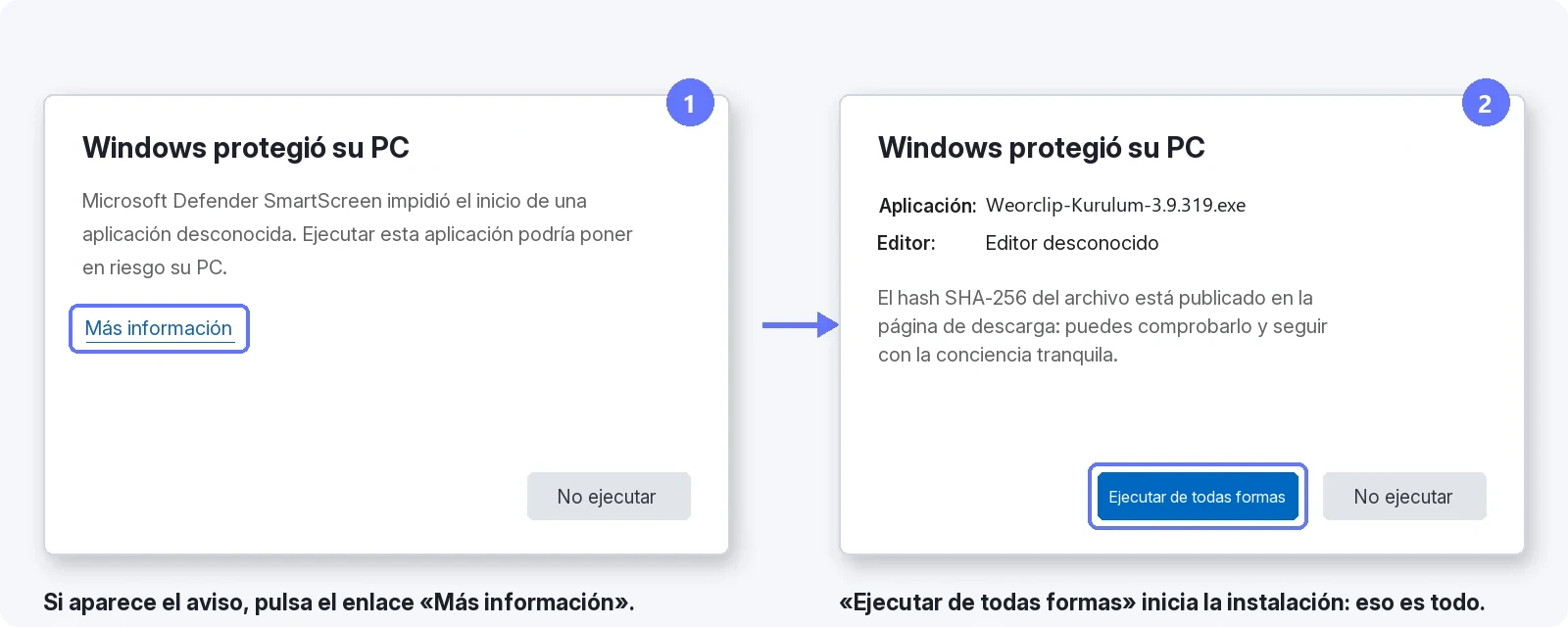 Cómo superar el aviso de SmartScreen — 1: pulsa Más información, 2: pulsa Ejecutar de todas formas