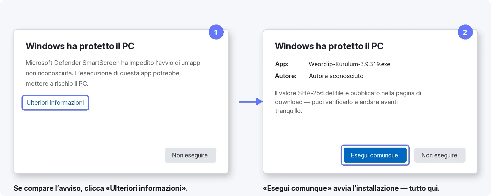Come superare l’avviso SmartScreen — 1: clicca Ulteriori informazioni, 2: premi Esegui comunque