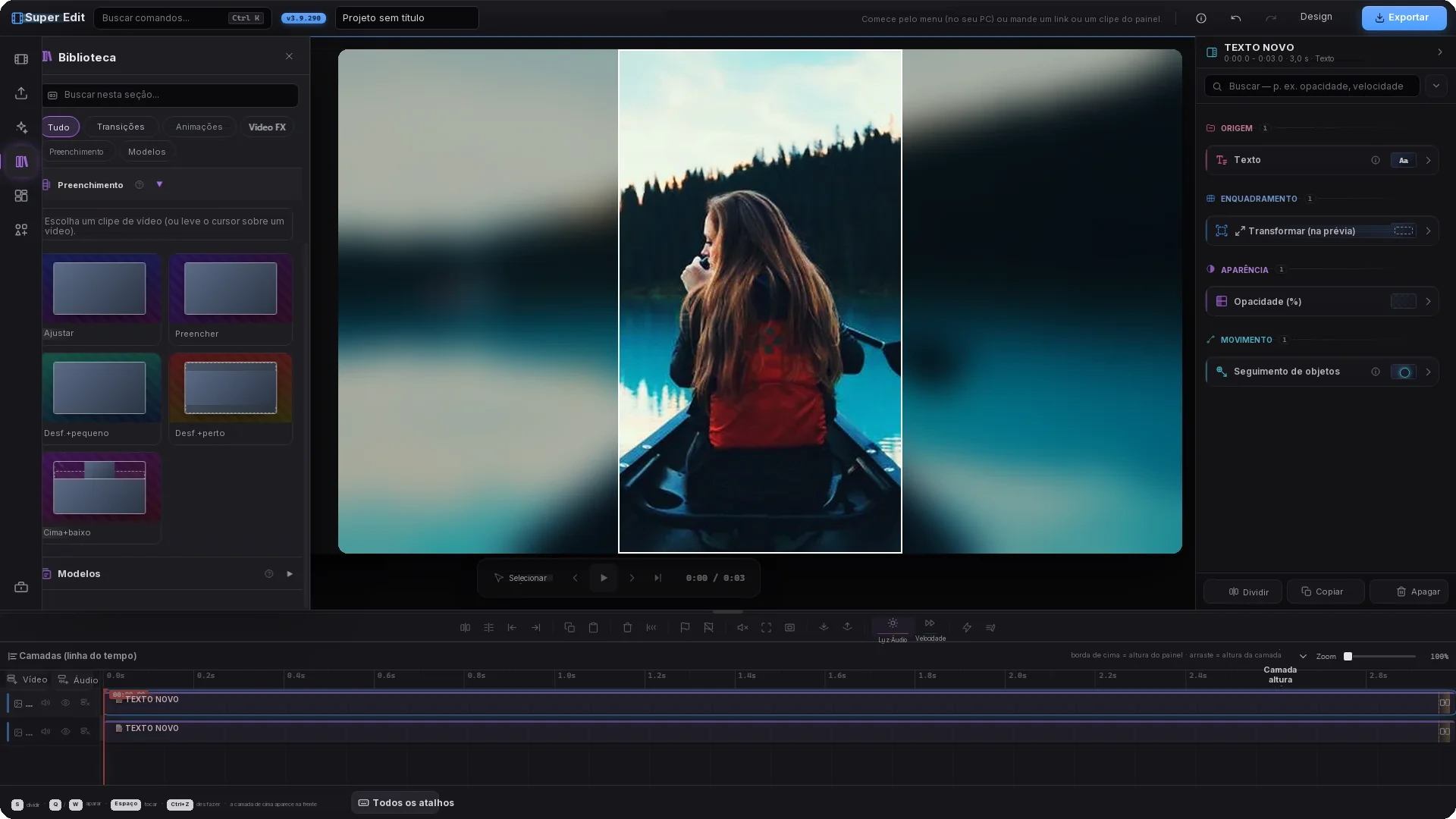 A interface real do Super Edit — a galeria de Estilo de preenchimento aberta e uma composição vertical com preenchimento desfocado na tela