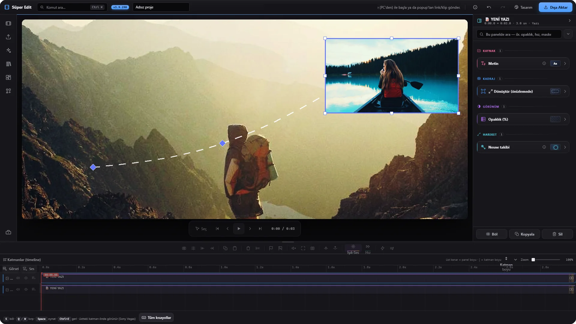 Süper Edit gerçek arayüzü — seçili öğe paneli açık, tuvalde kesikli hareket yolu, keyframe elmasları ve tutamaklı kutu