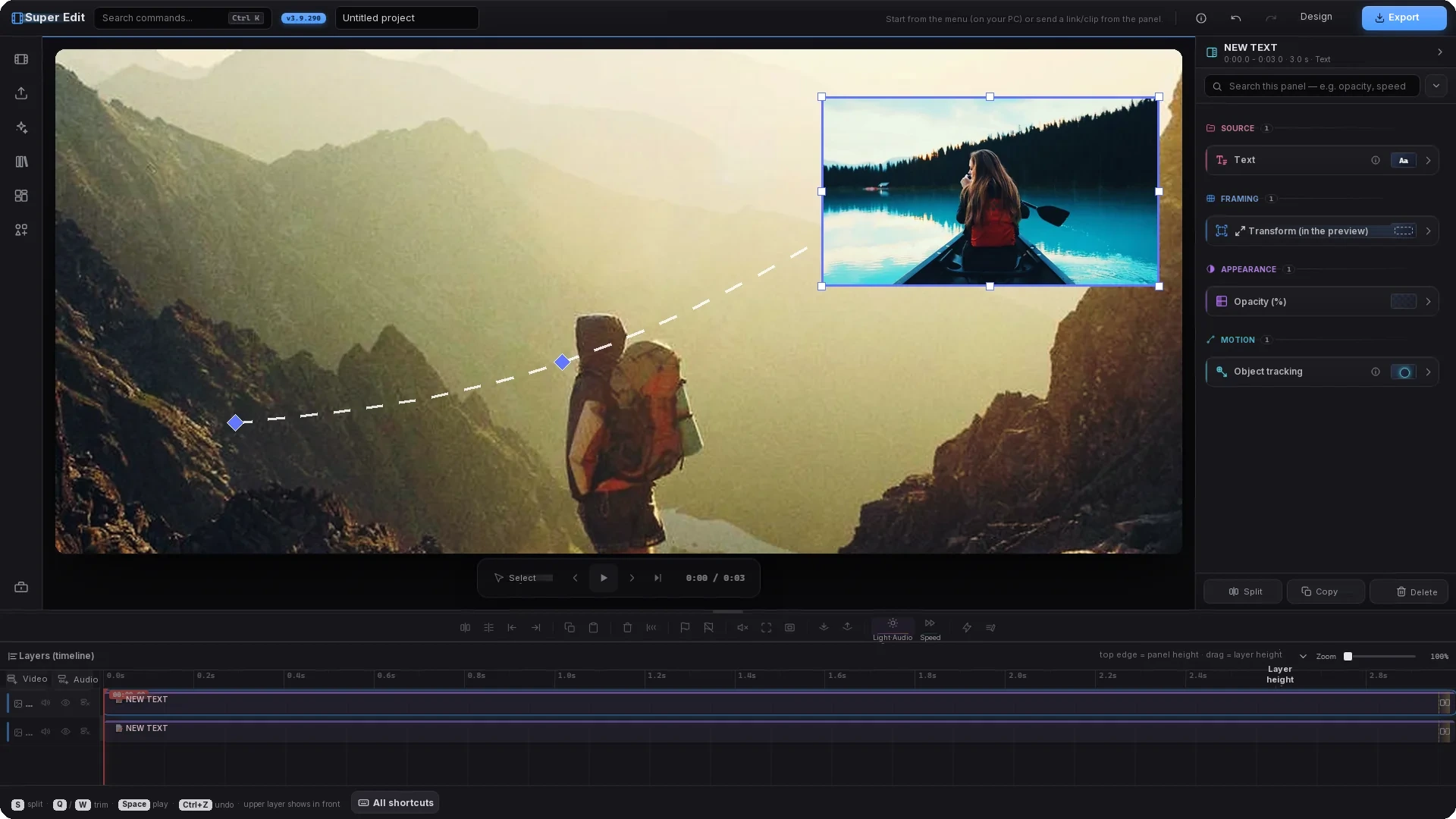 The real Super Edit interface — the selected-item panel open, a dashed motion path, keyframe diamonds and a handled box on the canvas