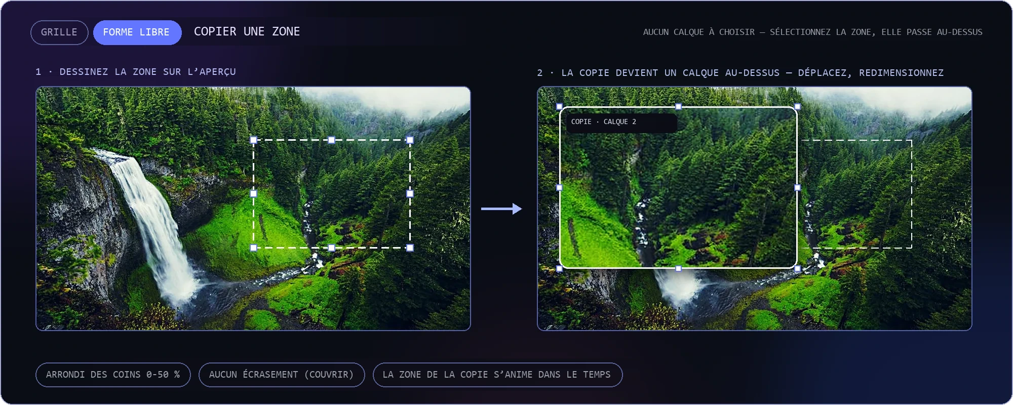 Mode forme libre, copier une zone — la zone que vous dessinez dans l’aperçu est copiée par-dessus comme son propre calque ; déplacez-la et redimensionnez-la