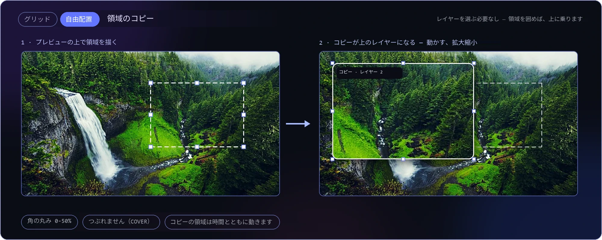 自由モードでの領域コピー — プレビューで描いた領域が独立したレイヤーとして上に複製され、移動も拡大縮小もできる